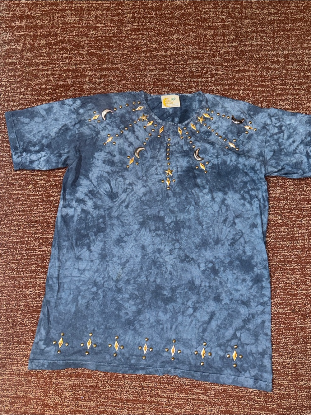 Blue tie dye metallic embelished lunar sky sun & moon detail tunic top free size - Picture 2 of 13